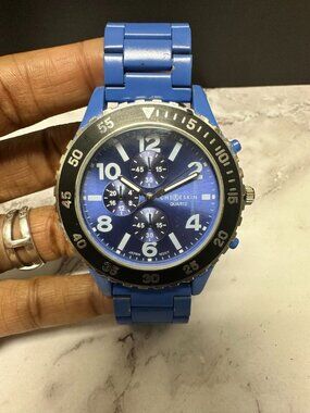 3/$30 Chereskin Watch Men Silver Tone Blue Faux Chrono Dial New Battery 8.75"
